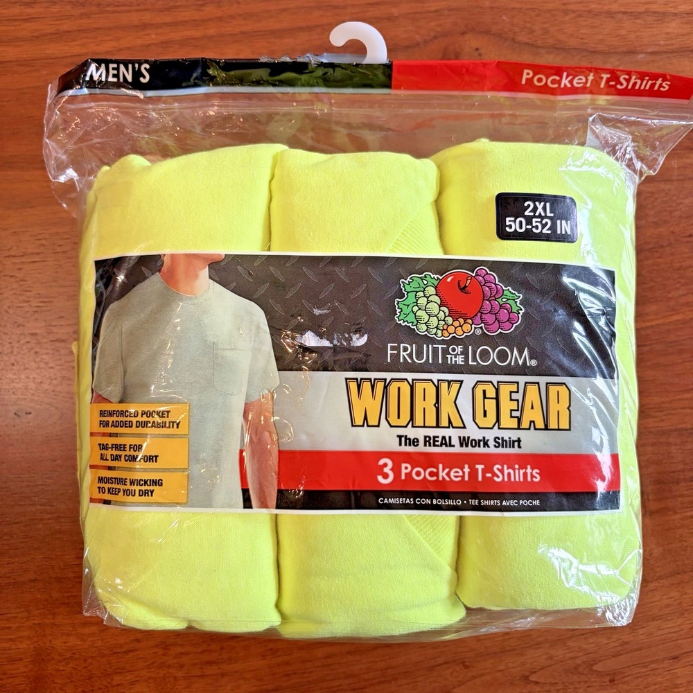 3 NEW Fruit of the Loom Men's Cotton Heavy Duty Work Gear Pocket T-Shirt 2XL
